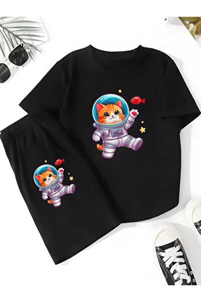 Joetsu Cat print soft short sleeve top and shorts set