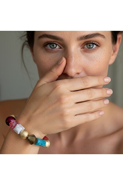 COCOSH TAKI Burgundy Pink Blue Gold Beaded Flexible Design Bracelet