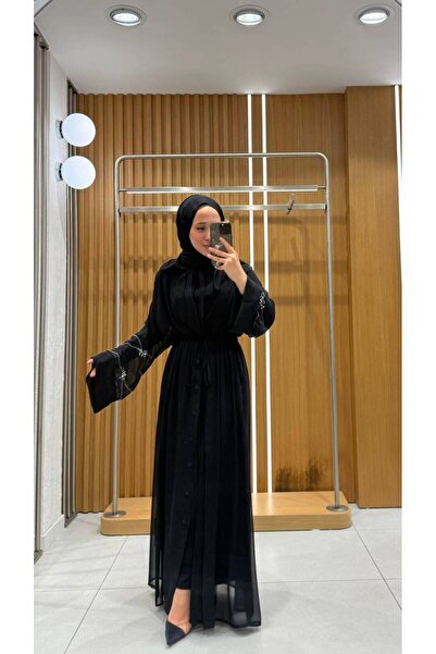 Jupe Kadın Şifon Transparan İşlemeli İki Parçalı Tam Kollu İçlikli Abaya Elbi...
