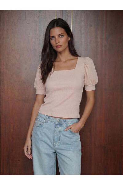 WeShaya Biscuit Stretchy Knitted Fabric Square Neck Short Sleeve Straight Cut...