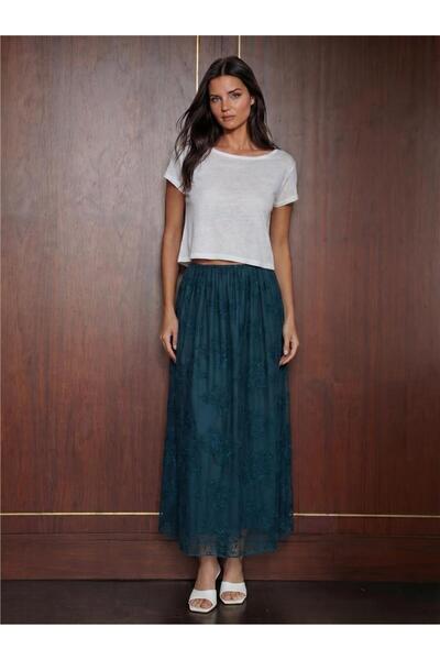 WeShaya Petrol Cotton Flocked Printed Lined Long Tulle Skirt