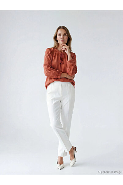 LC Waikiki Brown Tie-Neck Embroidered Blouse