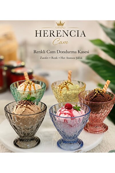 Herencia Renkli Cam Dondurmalık Kase 6 Farklı Renk Şık Sunumluk