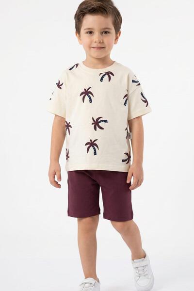 Pina Kids Boy's Cotton Palm Patterned Combed Cotton Shorts Double Set Tkm1016
