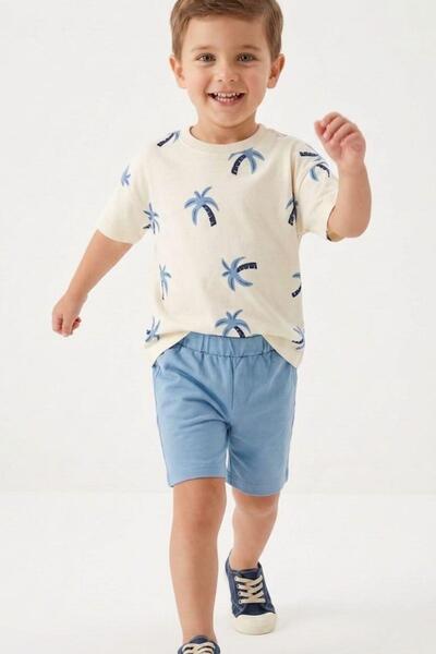 Pina Kids Boy's Cotton Palm Patterned Combed Cotton Shorts Double Set Tkm1016