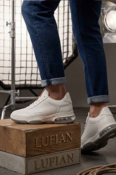 Lufian White Men's Sports Shoes - Air Sole/Khaki Leather Casual Sneaker