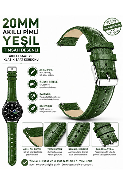 onlinekordon 20mm Green Crocodile Printed Leather Watch Band with Smart Pin 4...