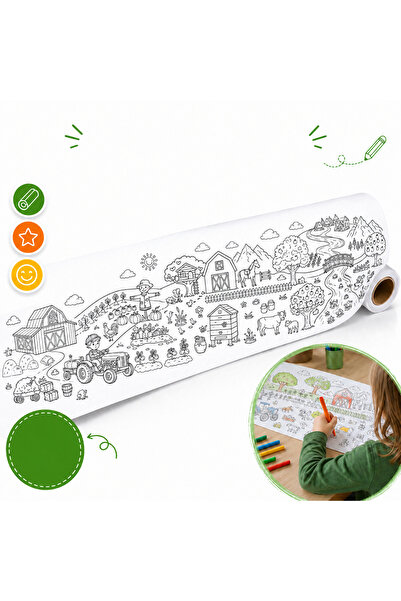 AHDTOPTAN Çiftlik Temalı Boyama Rulosu 32 cm x 2,5 Metre | Çocuklar İçin Uzun Boyama Kağıdı, Kalın Konturlu Eğitici Aktivite