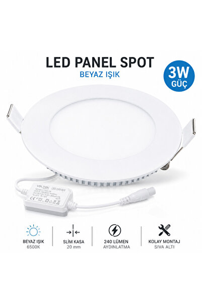 Voltek 3W LED Panel Spot Beyaz Işık Sıva Altı Yuvarlak Spot Armatür Beyaz Kasa