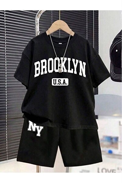 ZAROKANE USA BROOKYLYN YAZI BASKILI ALT-ÜST ŞORT/T-SHİRT İKİLİ YAZLIK ÇOCUK TAKIMI