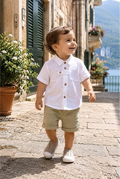Pure Boutique Muslin baby boy outfit with white shirt and green shorts
