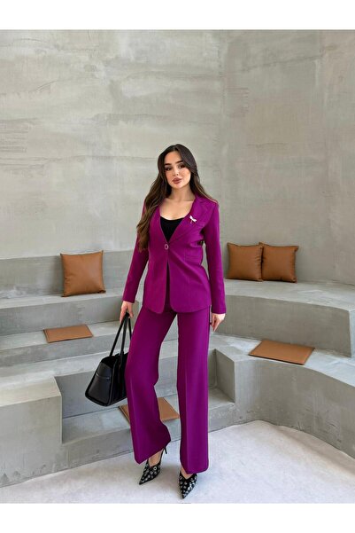 diaves Plum Women's Accessory Lined Single Button Blazer Jacket & Fabric Trou...