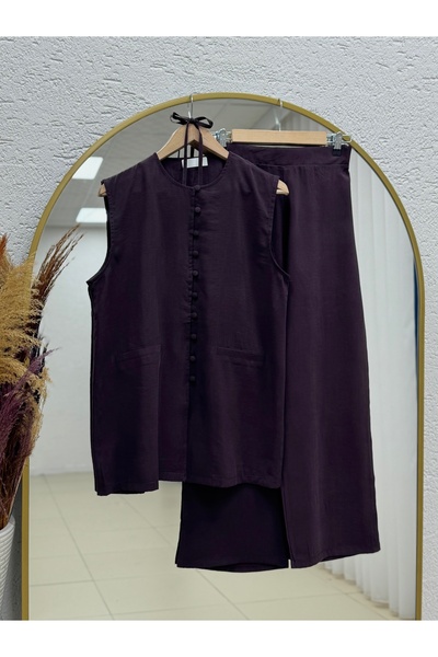 MİHRA STORE Kayra Pants, Striped Buttoned Vest Suit-Eu3321 Plum
