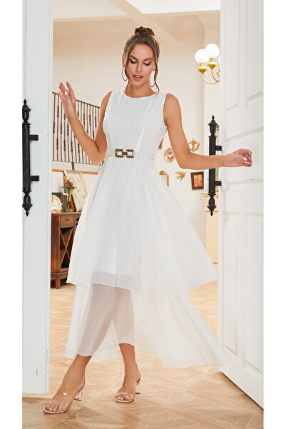 Independent Elegant Belted Lace Detail Long Chiffon Dress