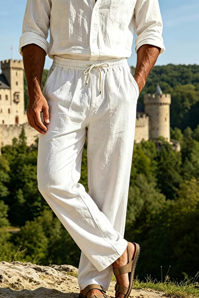 Oxmen Avant Garde Pantaloni albi pentru bărbați, din bumbac, cu talie elastic...