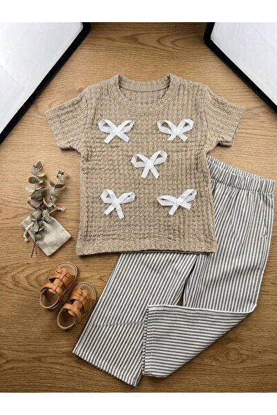 LEAKİDS Girls' Comfortable Fabric Set with Ribbon Details