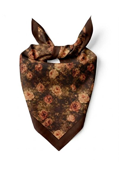 Alse Butik Vintage Kahverengi Gül Desenli Soft Pamuk Fular (50x50 cm)