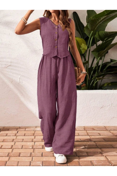 Wear Up Women's Zero Sleeve Buttoned Vest and Pants Wrinkle Double Suit