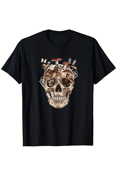 Chic Bloom Skull Pattern T-shirt for Mushroom Collectors