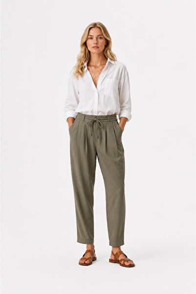 kikiriktekstil 10800 Women's 100% Cotton High Waist Tencel Pants with Drawstring