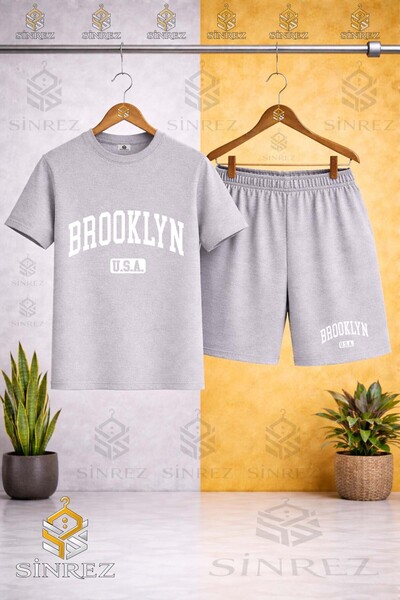 SİNREZ Crew Neck Kids Brooklyn Lower Usa White Printed T-Shirt - Shorts Set