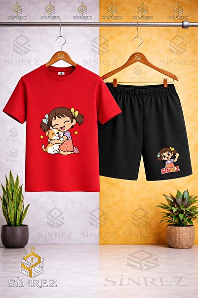 SİNREZ Crew Neck Kids' Girls' Dog Hug Printed T-Shirt - Shorts Set
