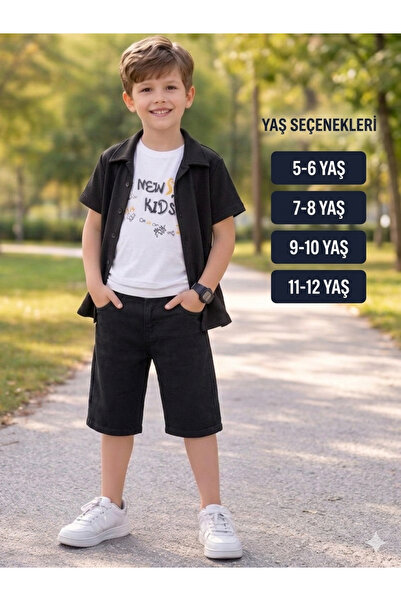 gülerçocuk Boys' Cotton Shirt T-Shirt and Shorts 3-Piece Set 5-12 Years