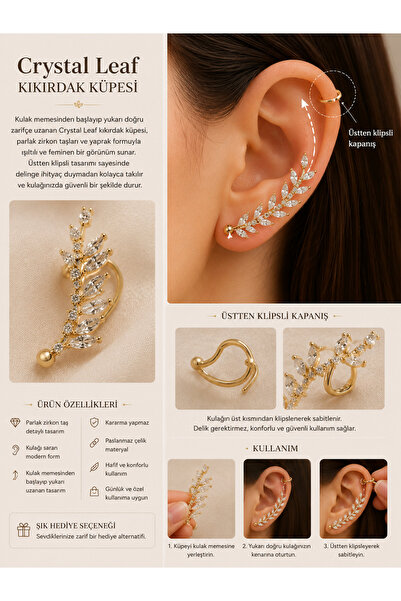 BURCU JEWELRY Crystal Leaf Kıkırdak Küpesi