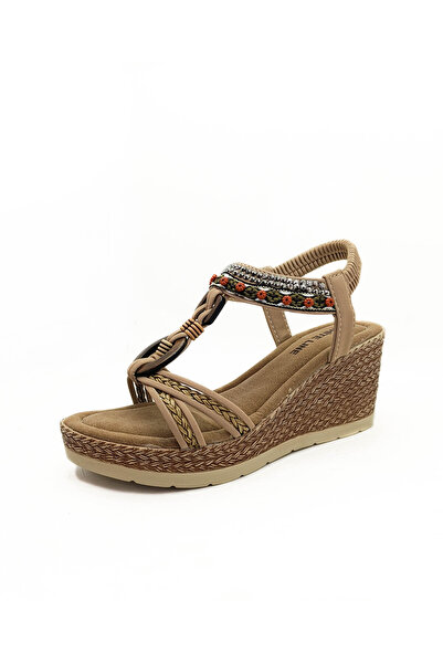 GDT Ayakkabı Beige Color Wedge Heel Stone Embellished Elastic Light Heel Wome...