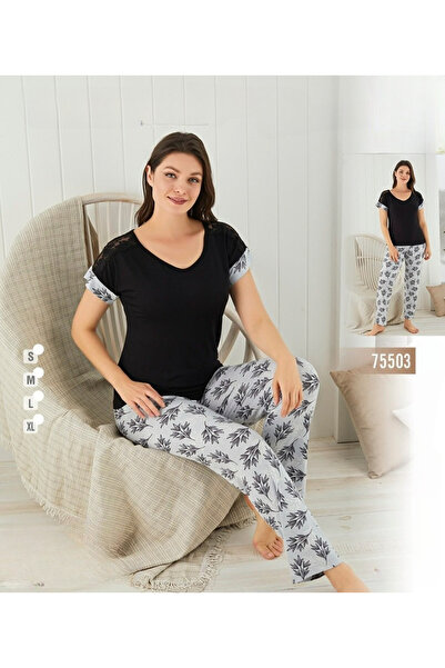 turkish Women's 2 Piece Pajama Set - Black Short Sleeve Top with Lace on Shou...