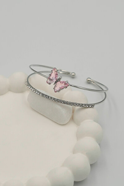 THE Steel Women's Silver Color Butterfly Figured Stone Cuff Bracelet