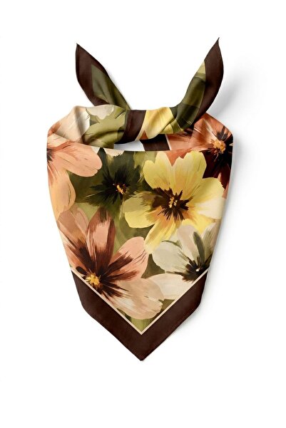 Alse Butik Kahverengi Büyük Çiçek Desenli Soft Pamuk Fular (50x50 cm)