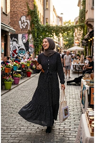 sefamerve Hakim collar polka dot hijab dress 0290-09 black