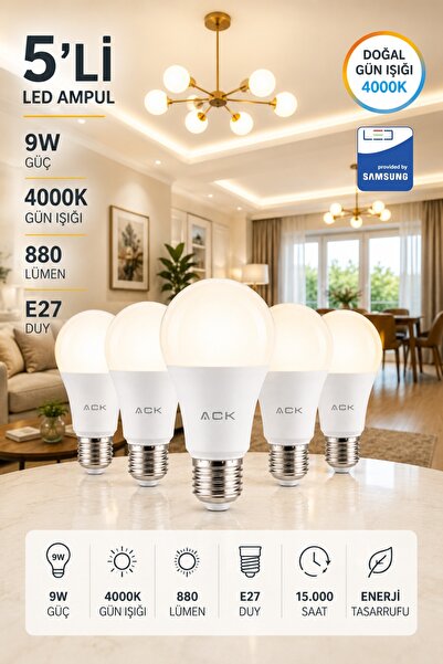 Aryes ACK 9W LED Ampul 4000 Kelvin Gün Işığı E27 880 Lümen Tasarruflu
