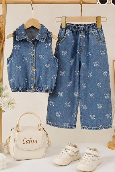 CALİSA Girl's Denim Set Bow Patterned Jean Vest and Wide Leg Pants |   Luxury...