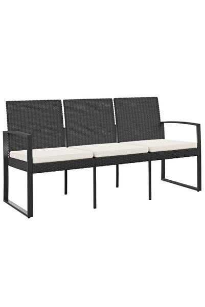 vidaxl 3-seater garden bench with cushions, black, PP rattan