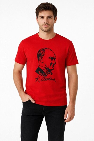 Generic Brand Men's Ataturk Printed T-Shirt Short Sleeve Crew Neck T-Shirt - Red