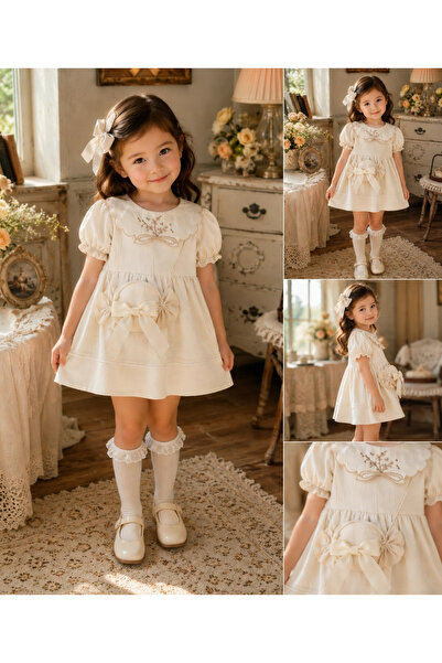 My Lusa baby wear Lumeya %100 Pamuklu Çanta Detaylı Vintage Kız Çocuk Elbise