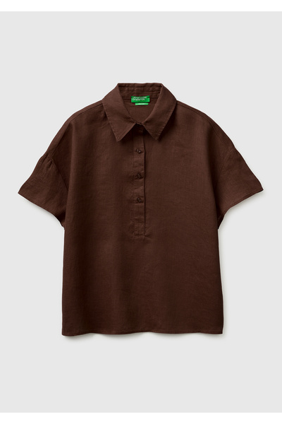 United Colors of Benetton Women's Brown 100% Linen Off-Shoulder Polo Collar S...
