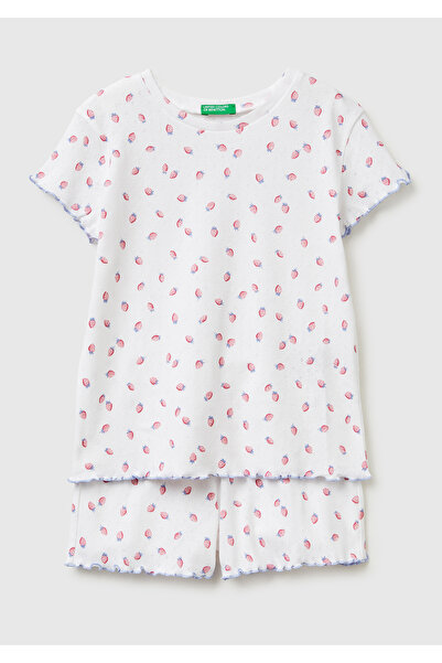 United Colors of Benetton Girls' orange patterned pajama set with ruffle deta...