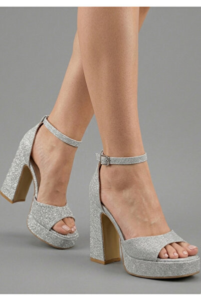 ŞAH Platform Silver Glitter Open Front 10 cm Heeled Engagement Wedding Evenin...