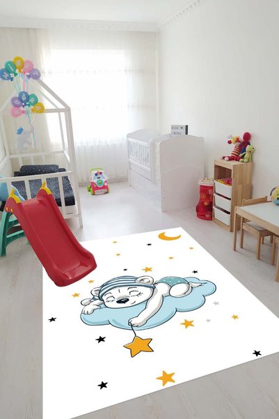 Bordo Halı Yıkanabilir Kaymaz Dot Taban Tüysüz Çocuk Odası Dijital Baskılı Be...