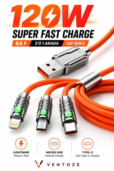 Ventoze 3'ü 1 Arada Hızlı Şarj Kablosu Type-C Lightning Micro USB Metal Başlıklı 1.2 Metre
