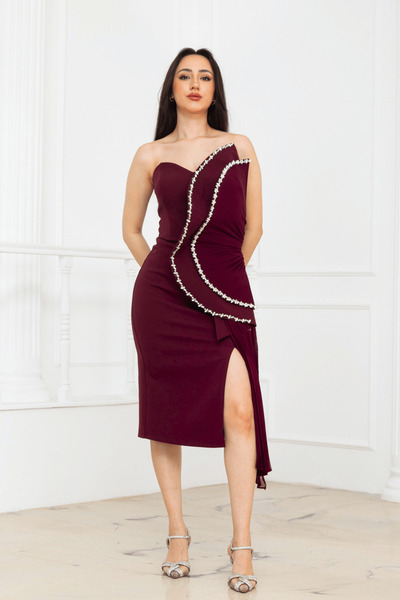 BEYBOS Stone Detailed Atlas Pencil Dress - Cherry