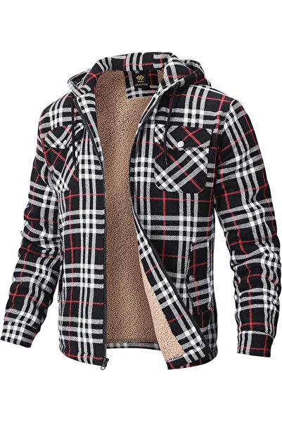 MOFIZ Grey/black/red check thermal shirt with hood and snap pockets, XL