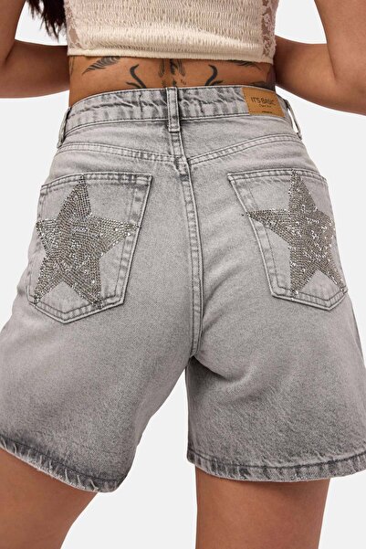 it's basic Kadın Füme T-4s6-12 Mom Relax Yıldız Detaylı Tasarım Denim Şort