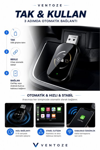 Ventoze Kablosuz CarPlay ve Android Auto Dönüştürücü Adaptör Oto Multimedya Çevirici Smart USB