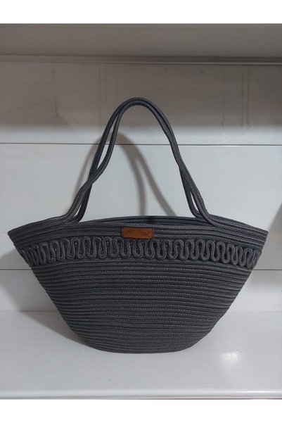 MTG JÜT TASARIM Beach Bag Made of Jute Cord, Handcrafted, Gray Color with Pattern
