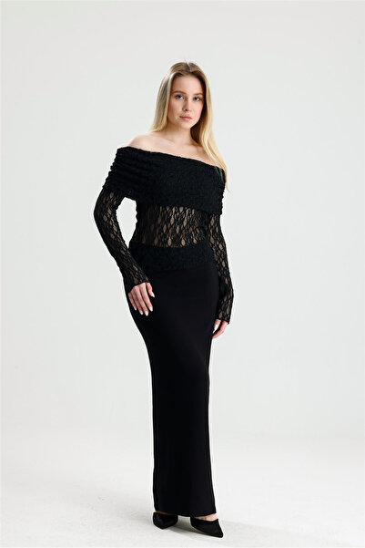 ROSE ARYA Black Madonna Collar Long Sleeve Lace Blouse