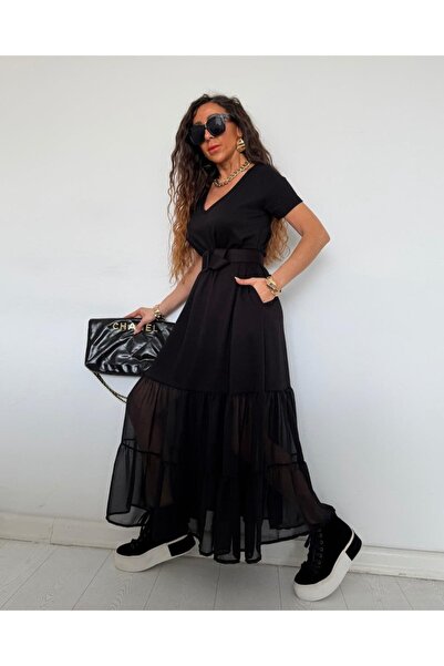 Marka Giyim Modal Belt Detail Chiffon Garnished Dress